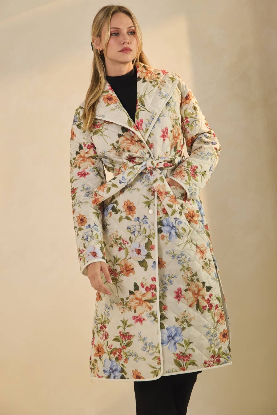 Quilted Floral Printed Belted Coat
