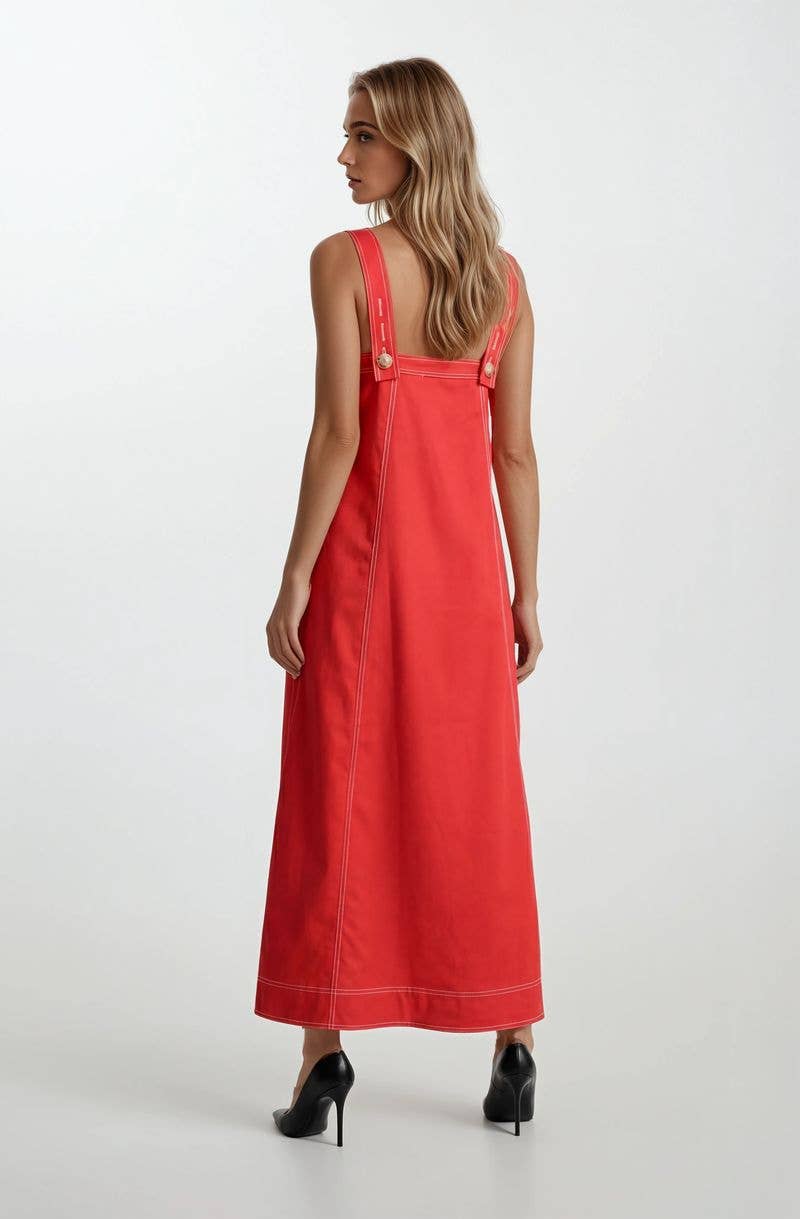 Red Button Detail Midi Dress