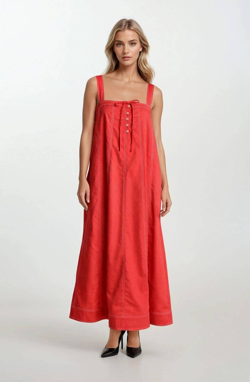 Red Button Detail Midi Dress