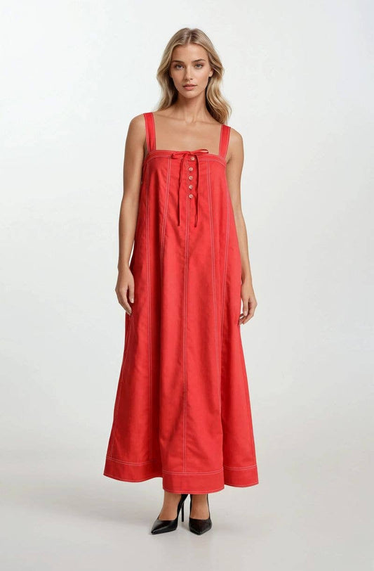 Red Button Detail Midi Dress