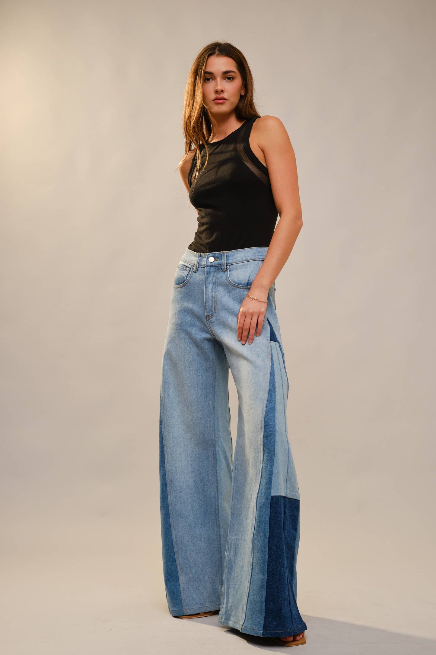 High Rise Wide Leg Color Block Jeans