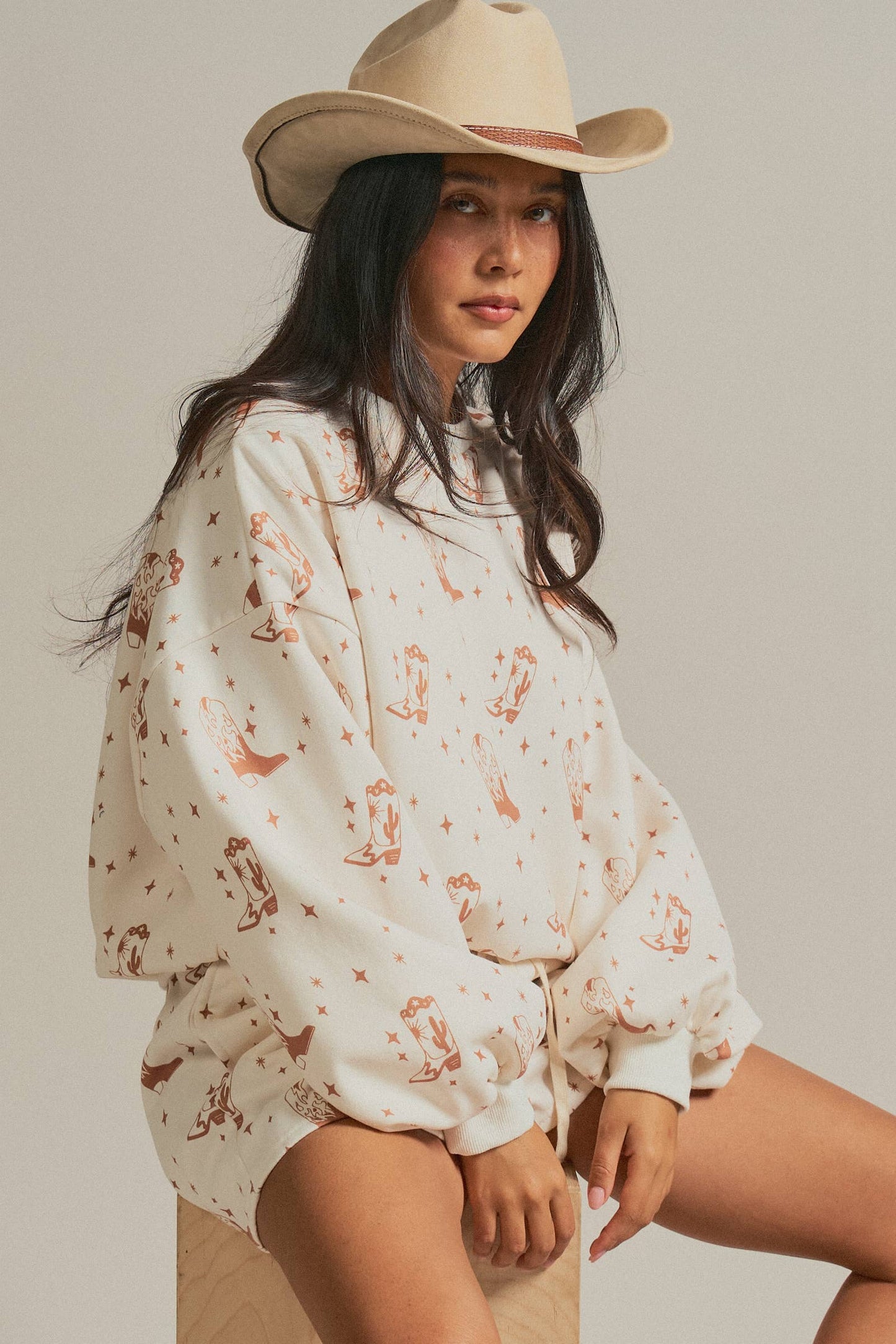 Cowboy Boot Print Sweatshirt and Shorts Set