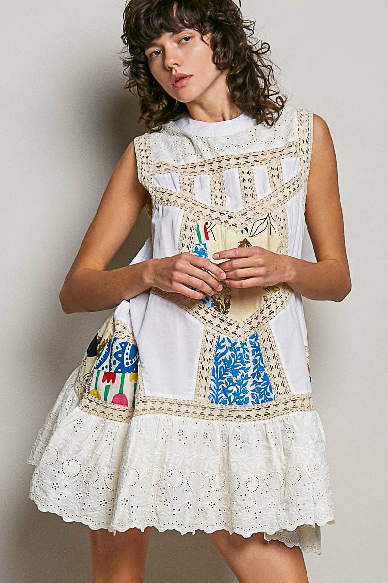 Boho Printed Scalloped Edge Eyelet Lace Mini Dress