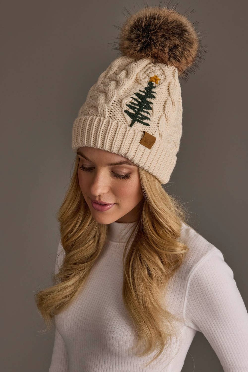 Beige Cable Knit Pom Hat w/ Embroidered Tree