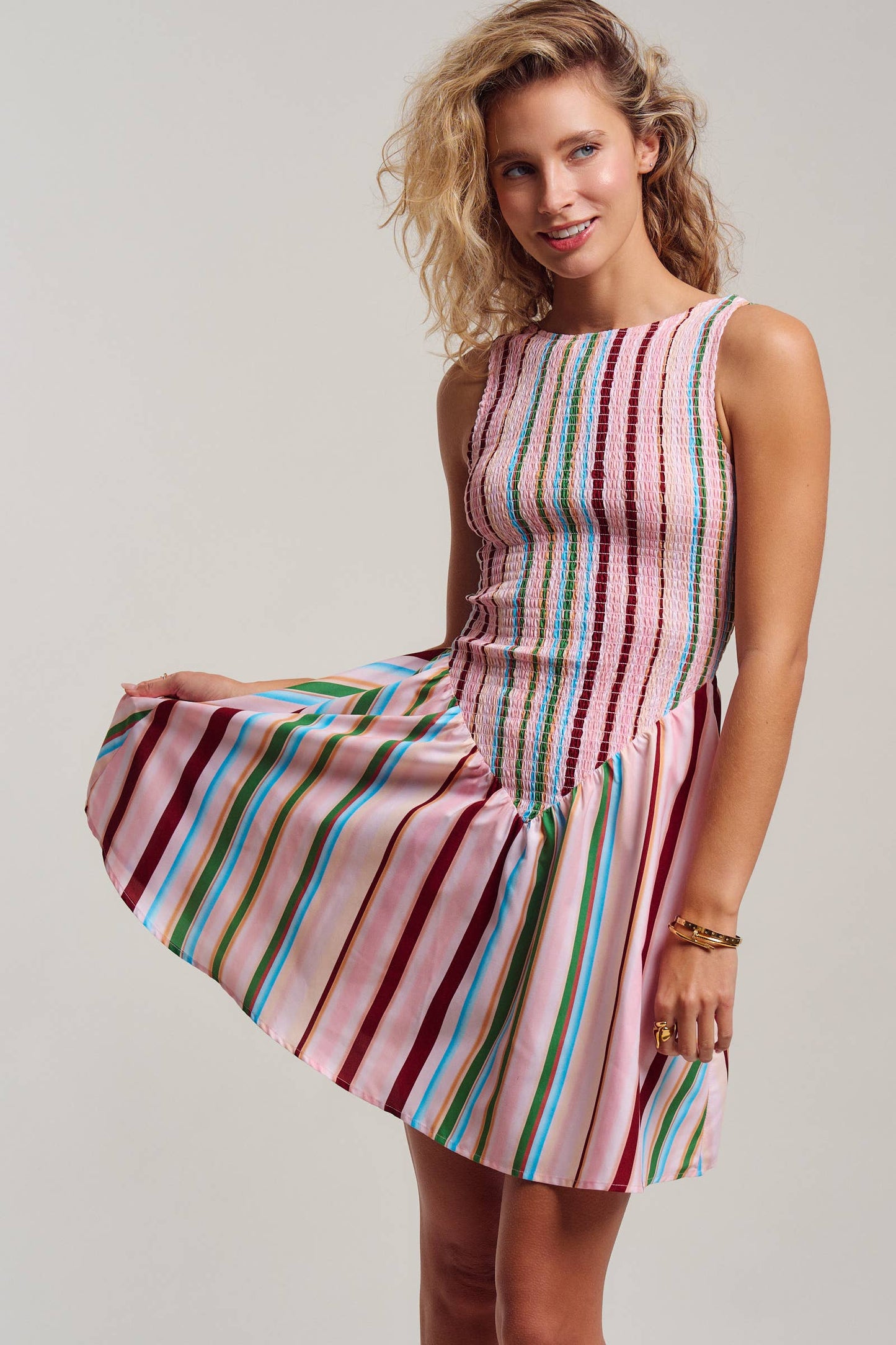 Sorbet Stripe Smocked Bodice Sleeveless Mini Dress