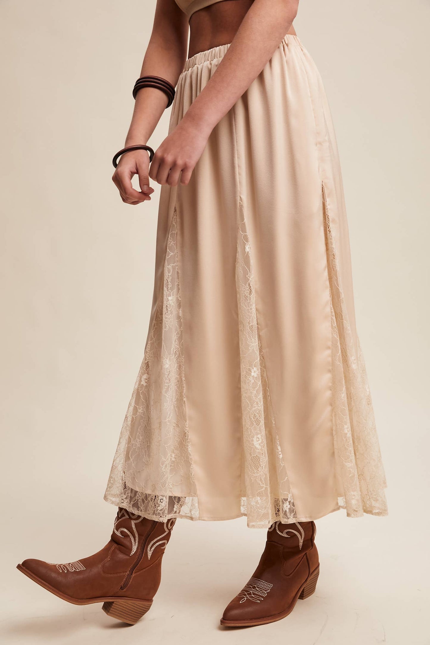 Lace Inset Satin Midi Skirt
