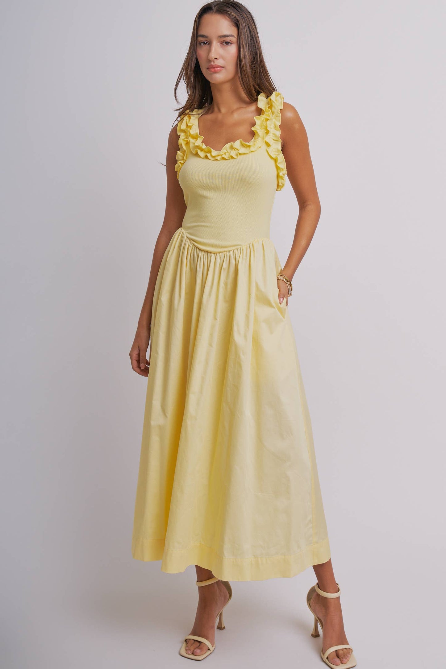 Ribbed Knit & Poplin Drop Waist Midi Dress