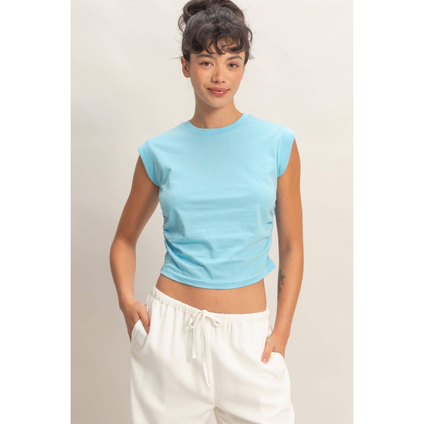 Ruched Waist Sleeveless Cotton Top