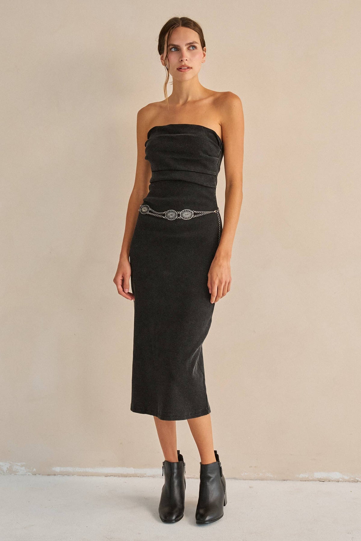 Strapless Ribbed Jersy Midi Dress