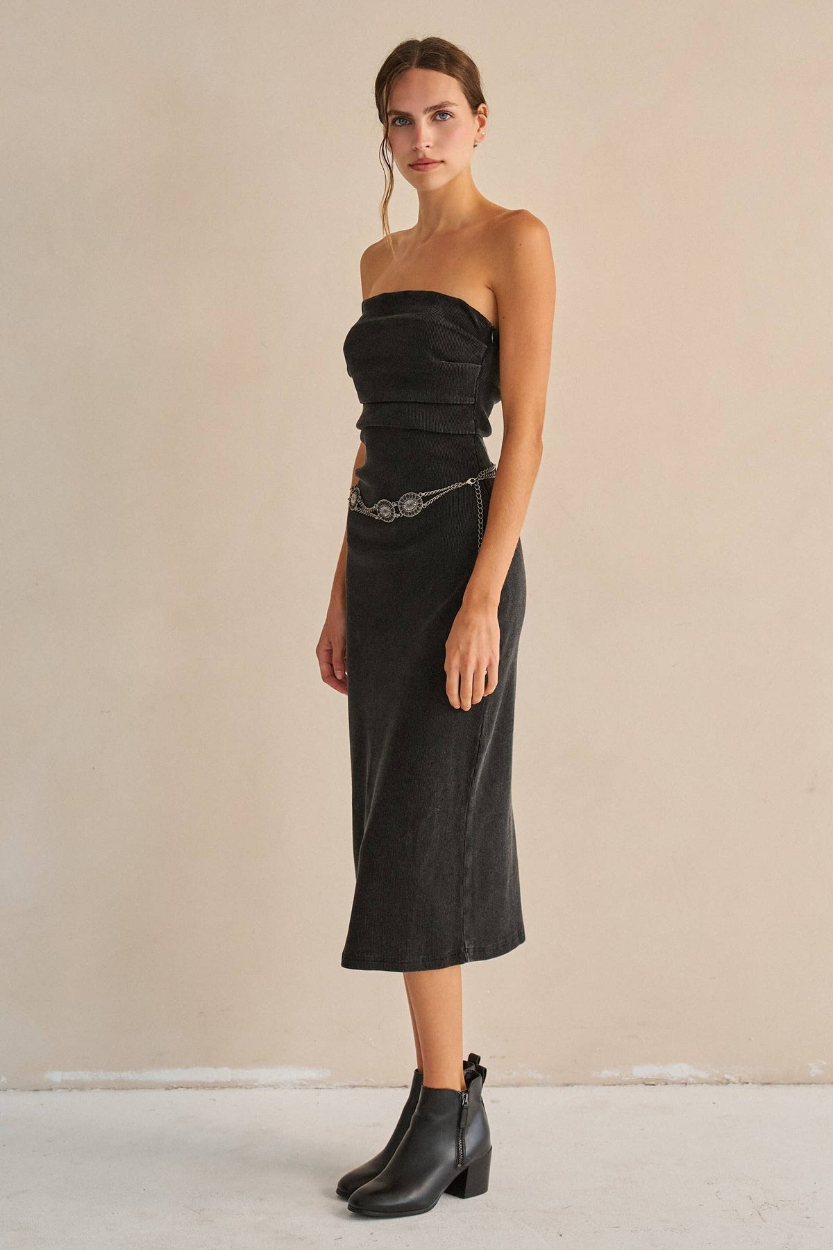 Strapless Ribbed Jersy Midi Dress