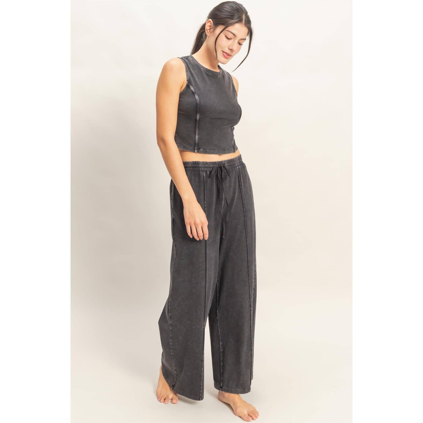 Mineral Washed Sleeveless Top & Wide Leg Pants Set: