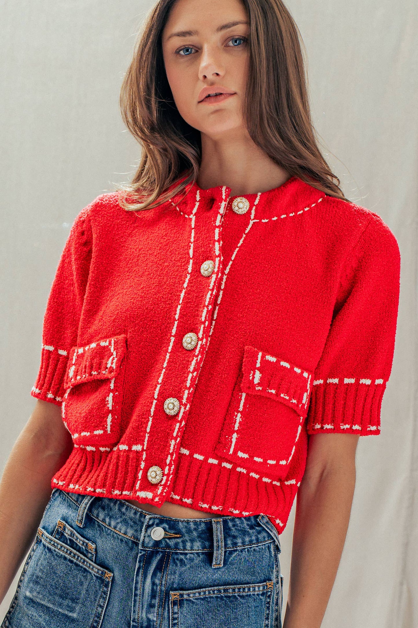 Faux Stitch Look Short Sleeve Cardigan