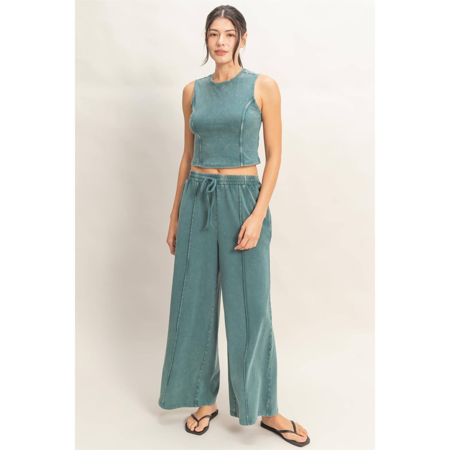 Mineral Washed Sleeveless Top & Wide Leg Pants Set: