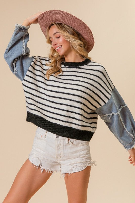 Denim Sleeve Striped Sweater