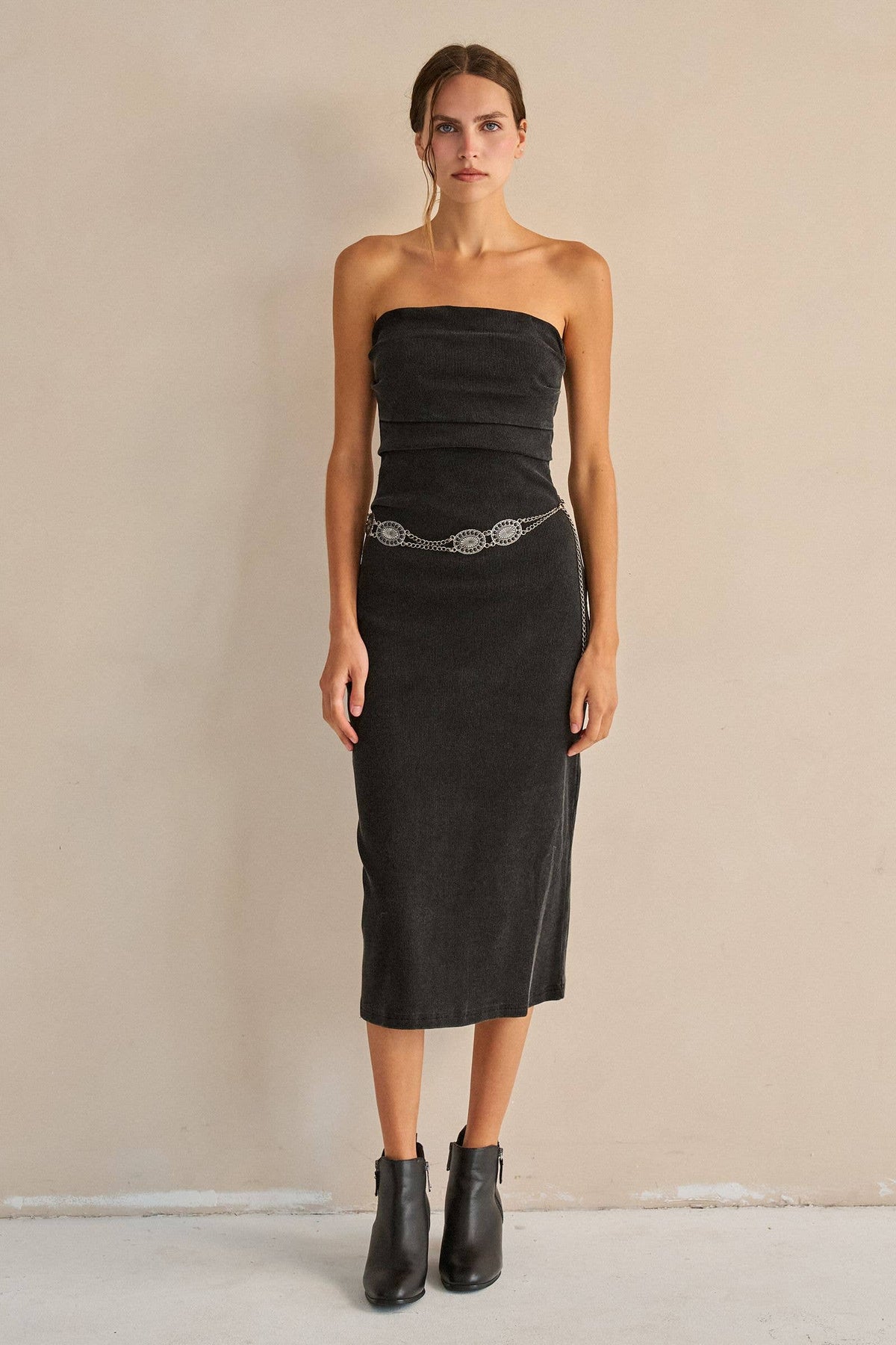 Strapless Ribbed Jersy Midi Dress