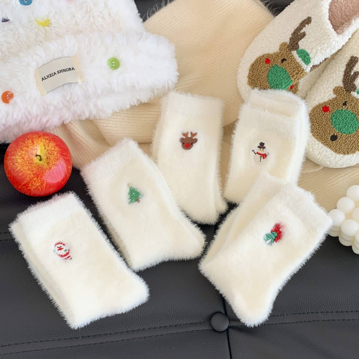 White Christmas Socks Women Fleece Warm