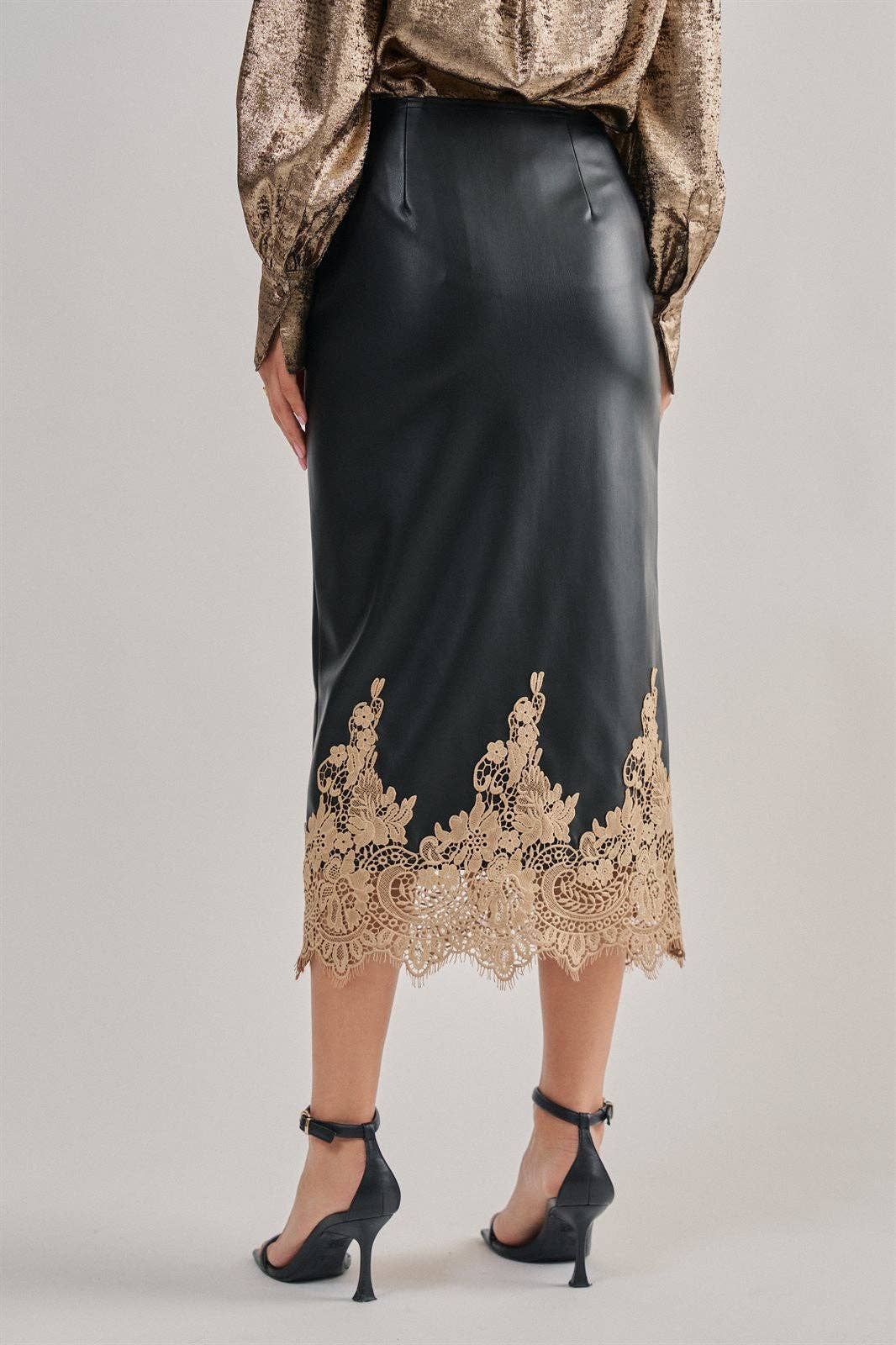 Faux Leather Midi Skirt with Lace Hem