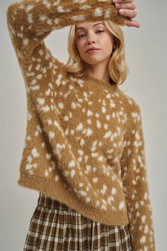 Fuzzy Deer Fawn Print Sweater