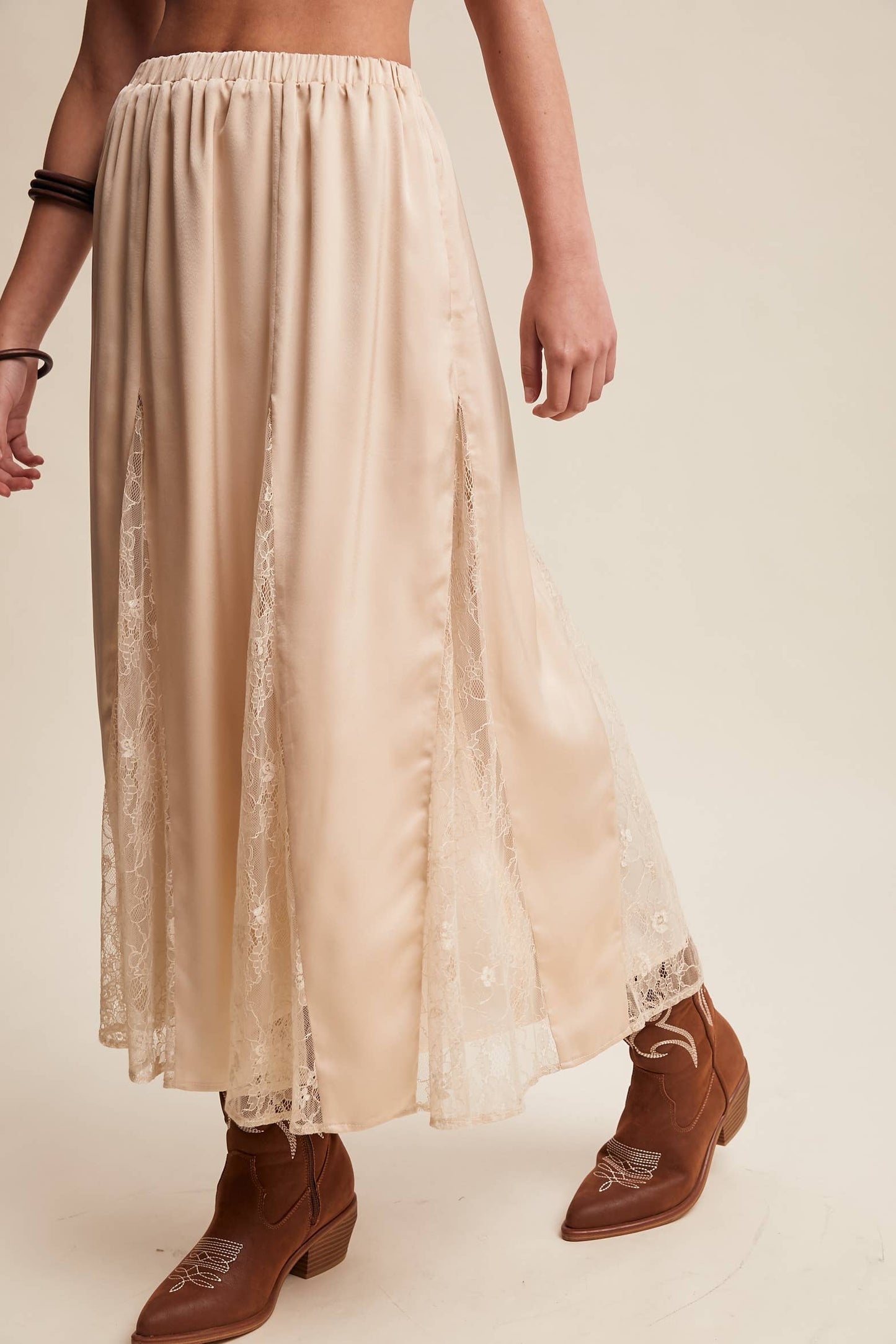 Lace Inset Satin Midi Skirt