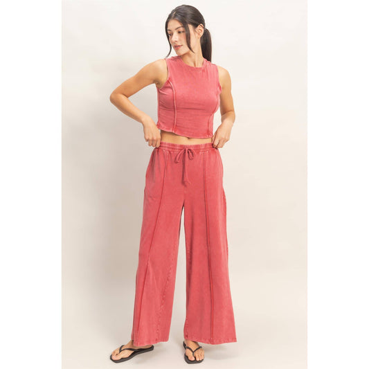 Mineral Washed Sleeveless Top & Wide Leg Pants Set: DARK RED