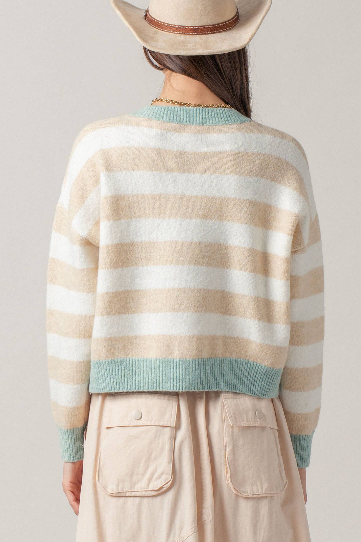 Horse Jacquard Striped Crew Neck Cardigan