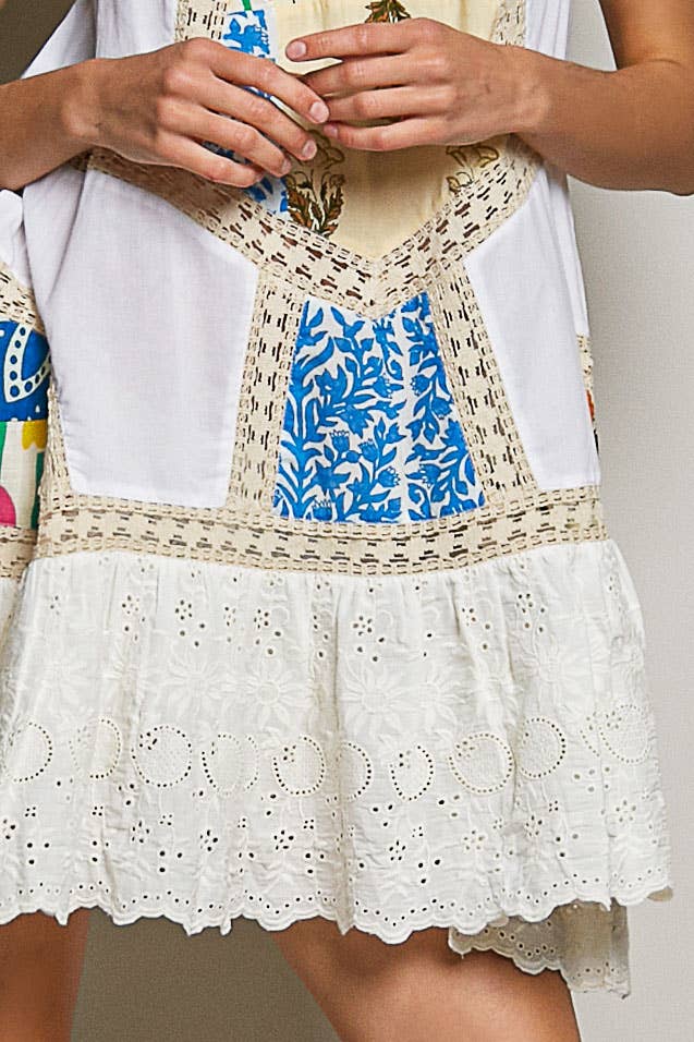 Boho Printed Scalloped Edge Eyelet Lace Mini Dress