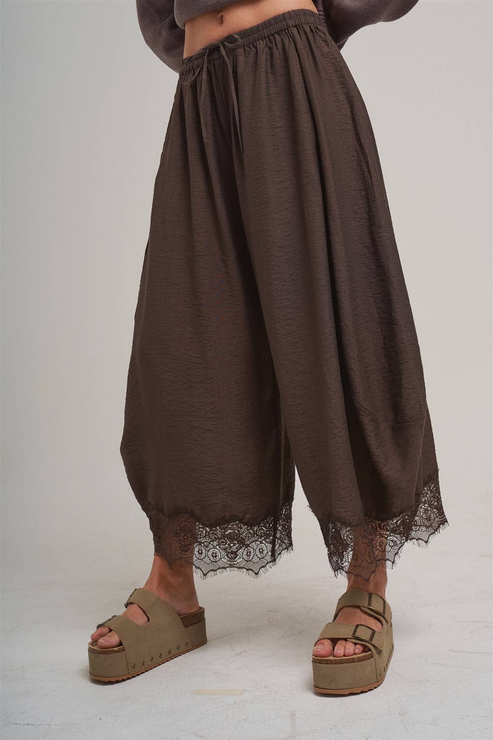Flowy Balloon Pants with Lace Trim