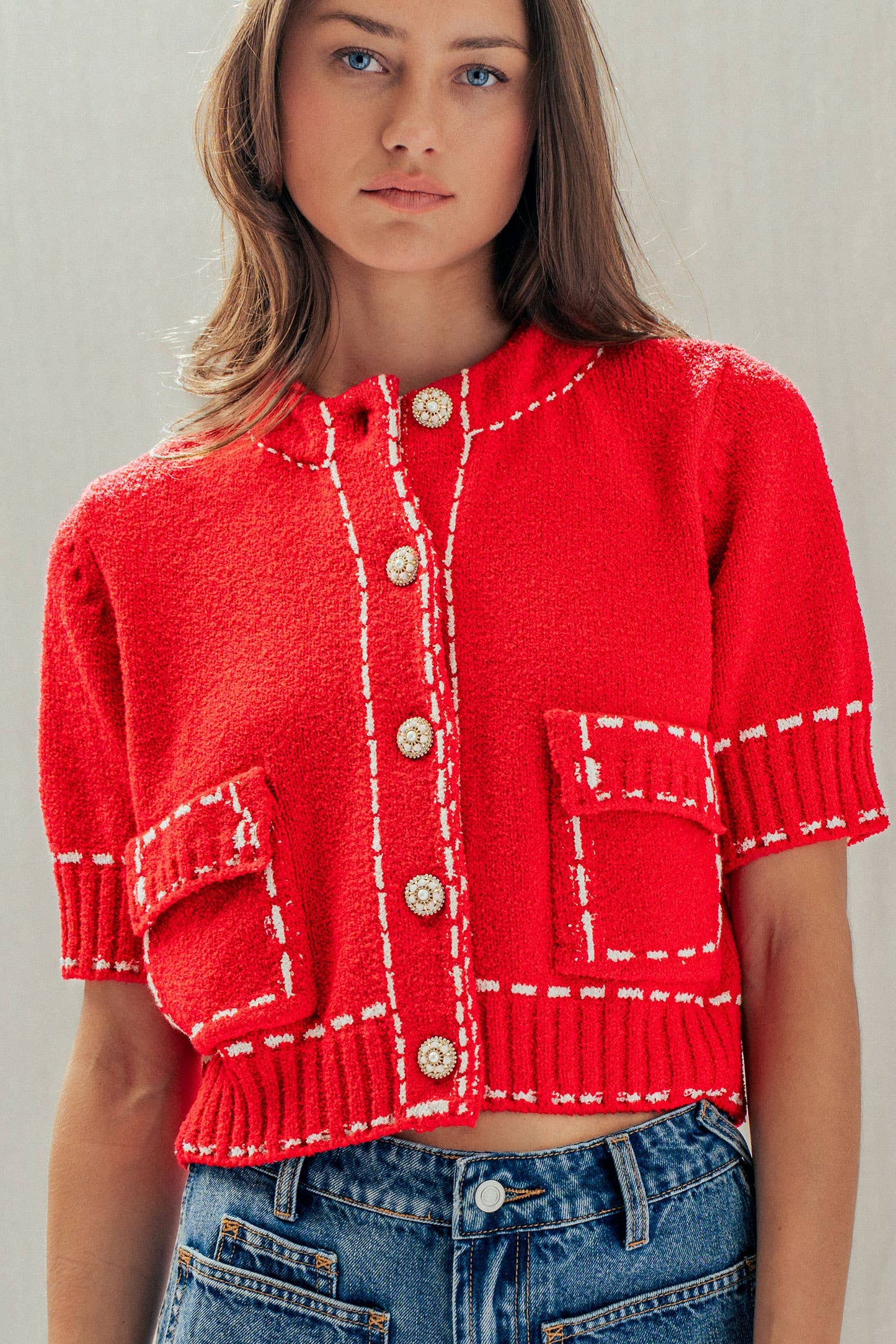 Faux Stitch Look Short Sleeve Cardigan