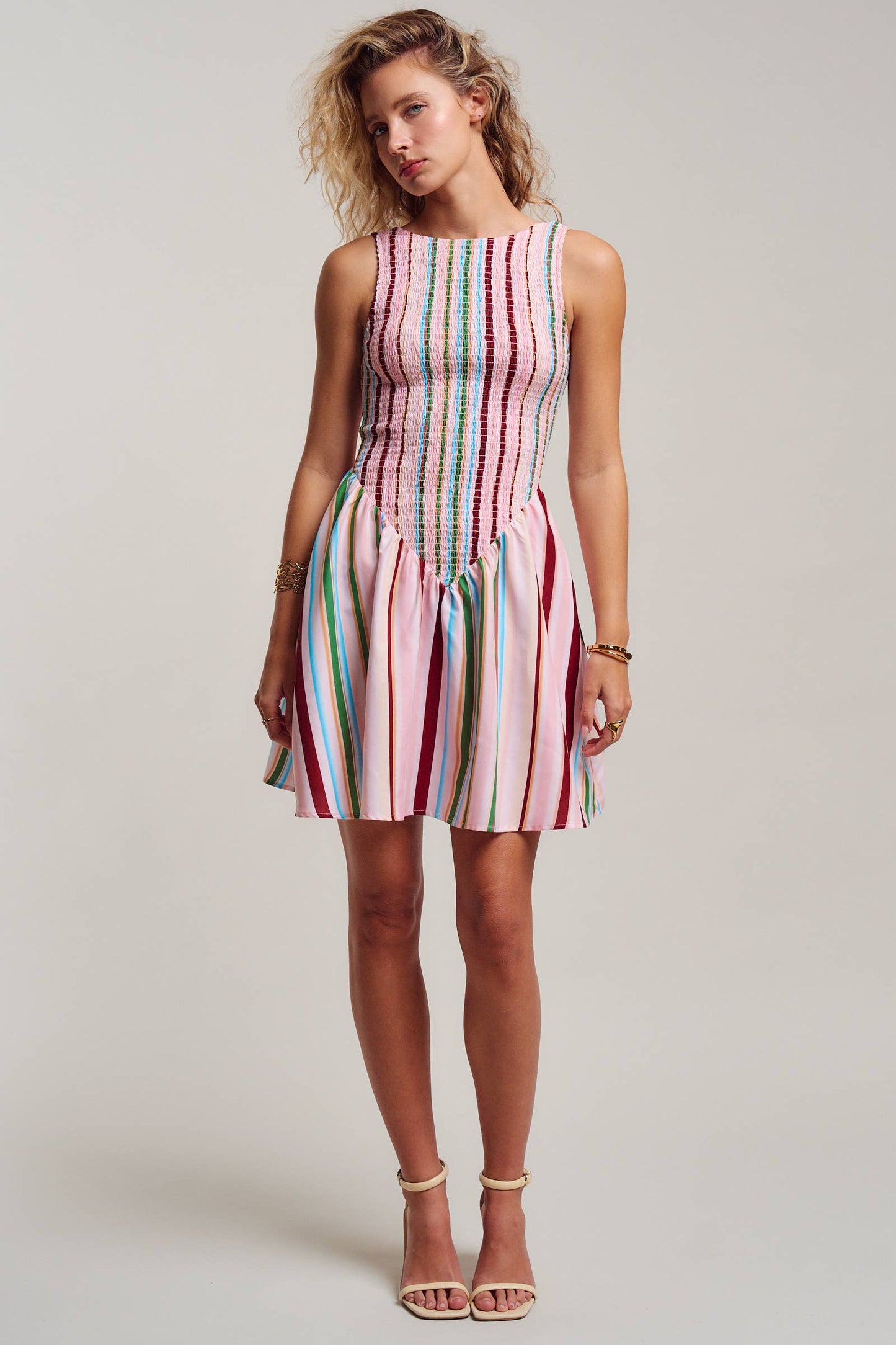 Sorbet Stripe Smocked Bodice Sleeveless Mini Dress