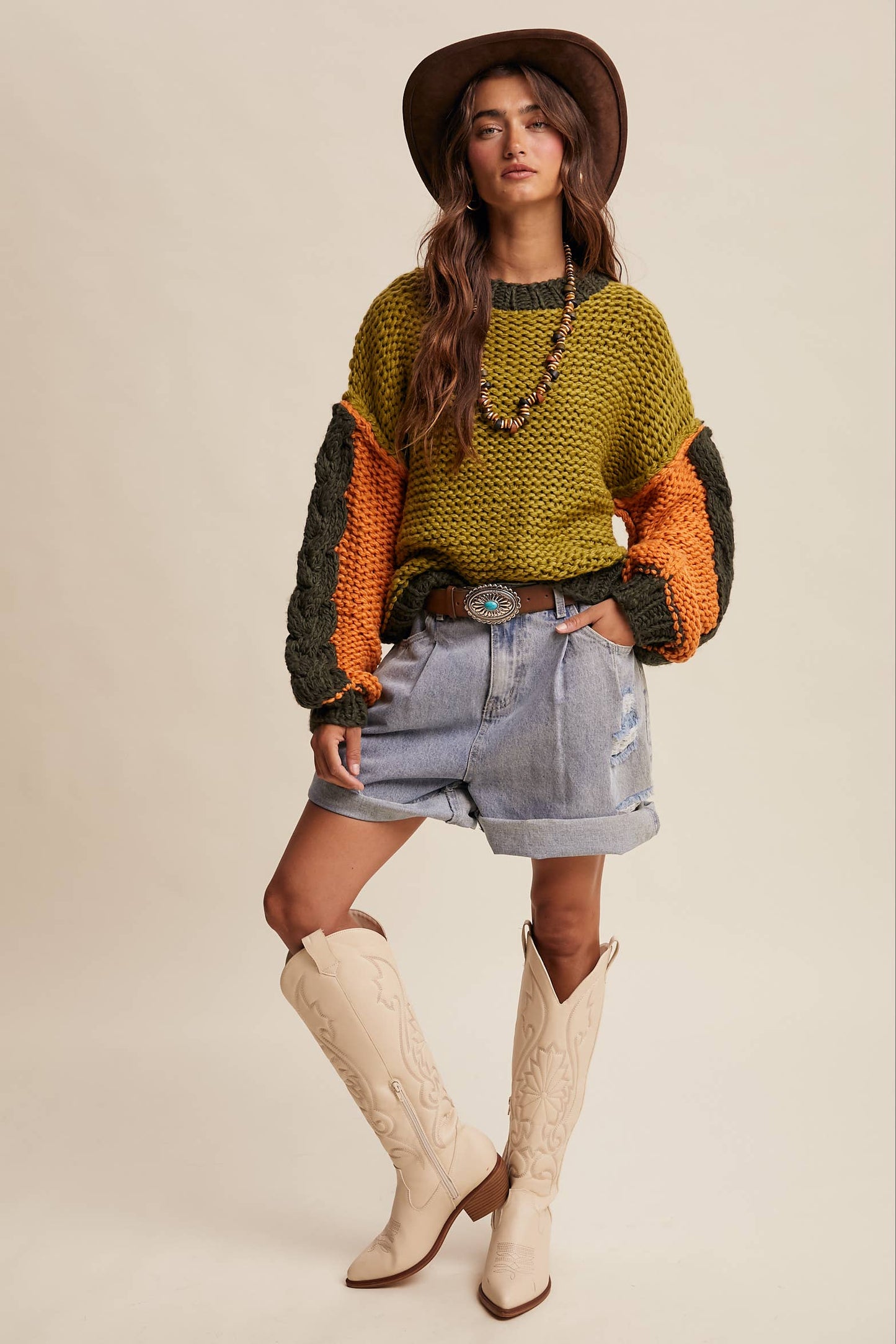 Hand-Knit Colorblock Chunky Pullover