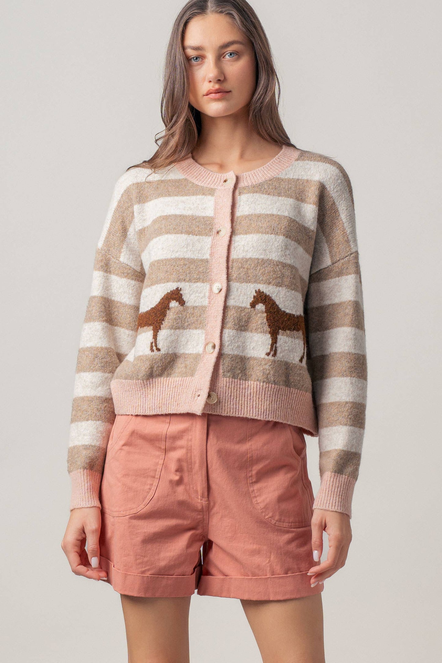 Horse Jacquard Striped Crew Neck Cardigan