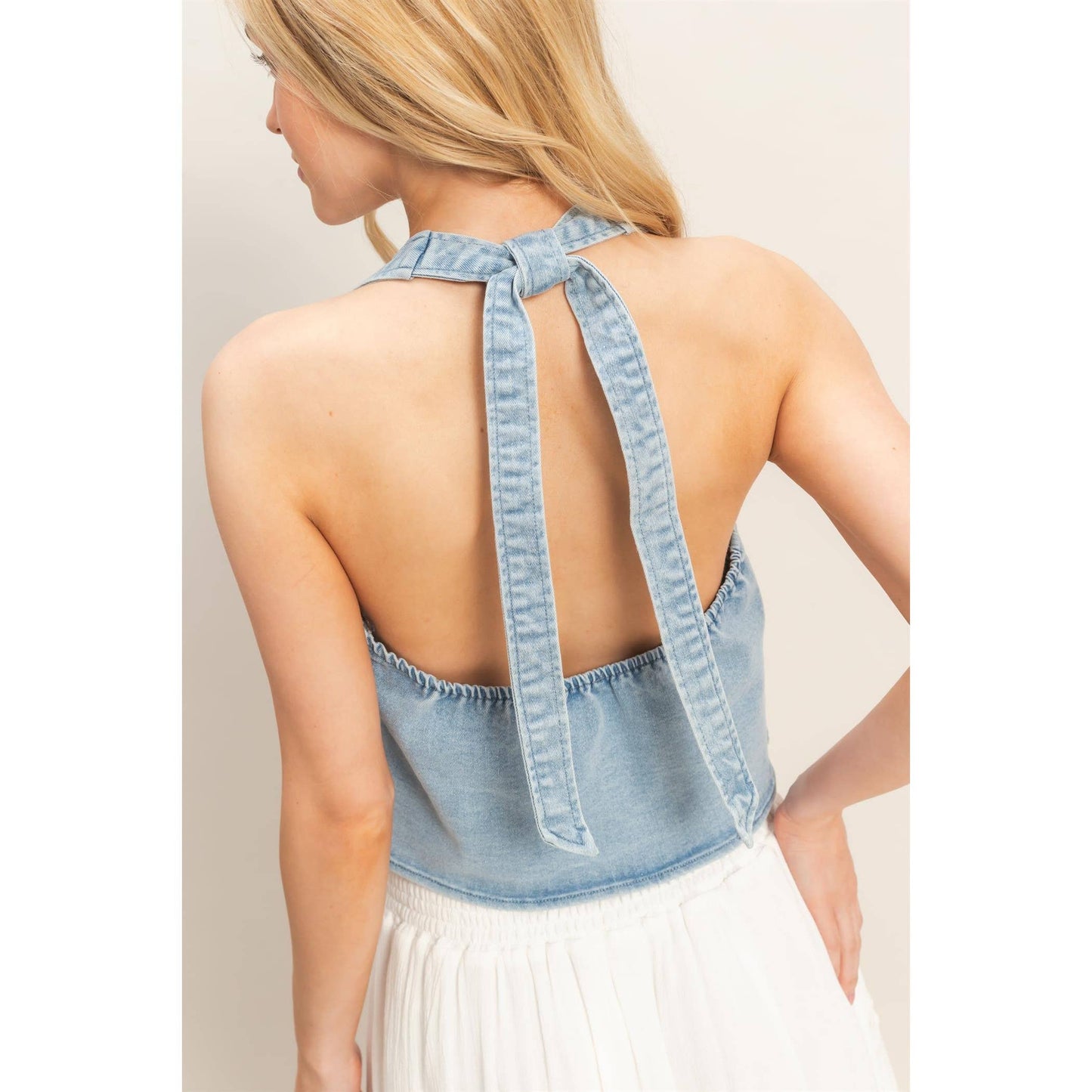 Denim Halter Wrap Top