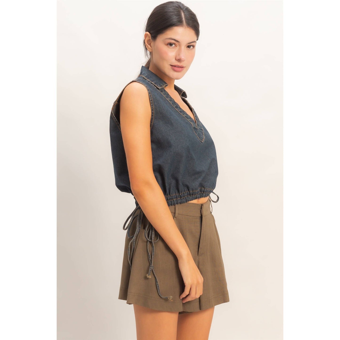 Collared V-Neck Drawstring Tank