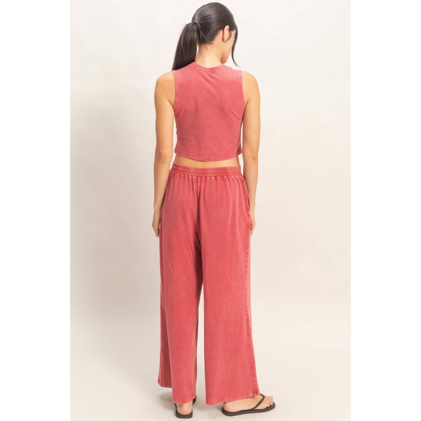 Mineral Washed Sleeveless Top & Wide Leg Pants Set: