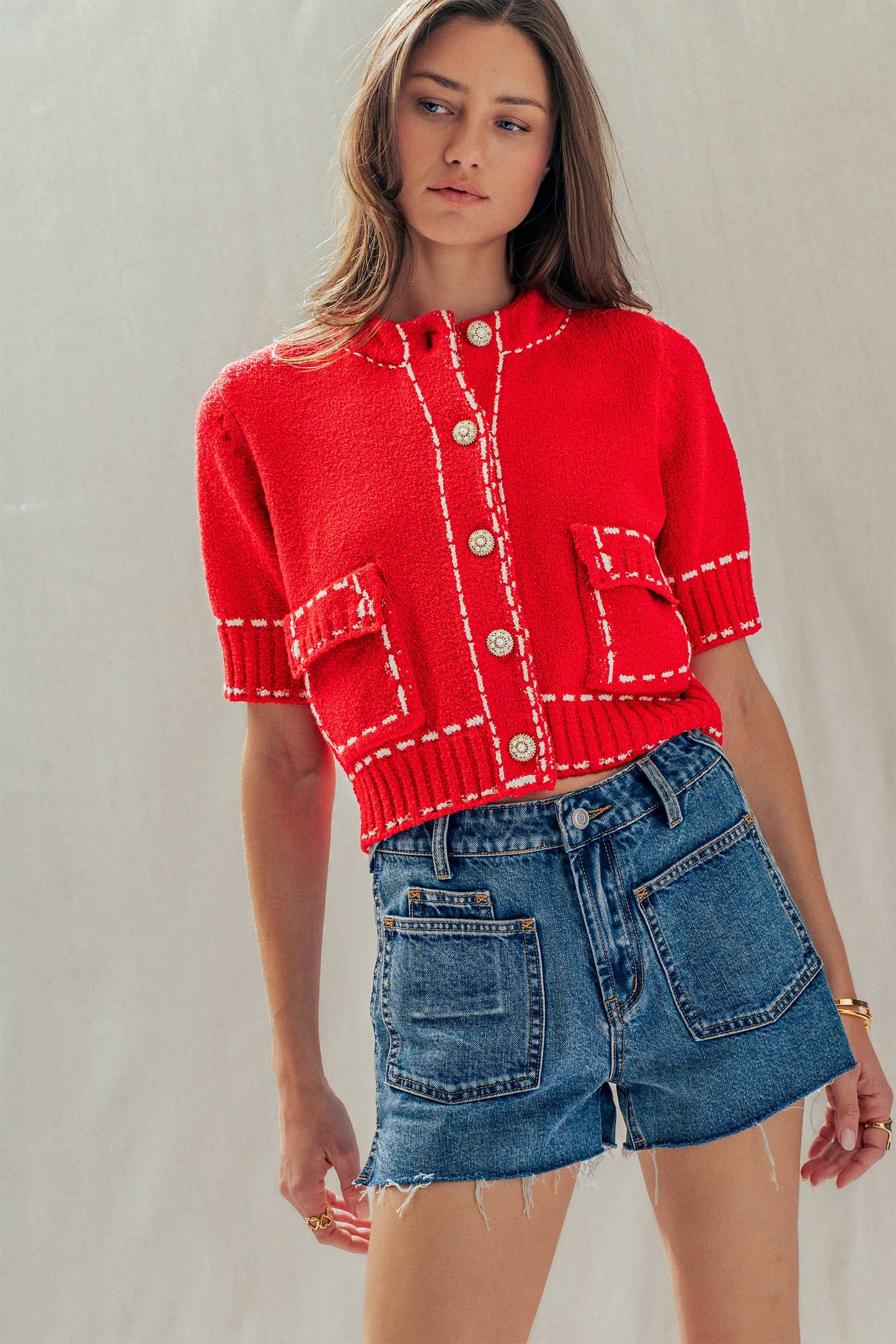 Faux Stitch Look Short Sleeve Cardigan