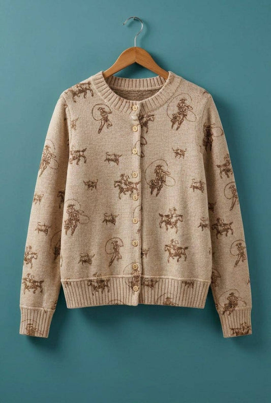 Western Cowboy Print Button Front Cardigan