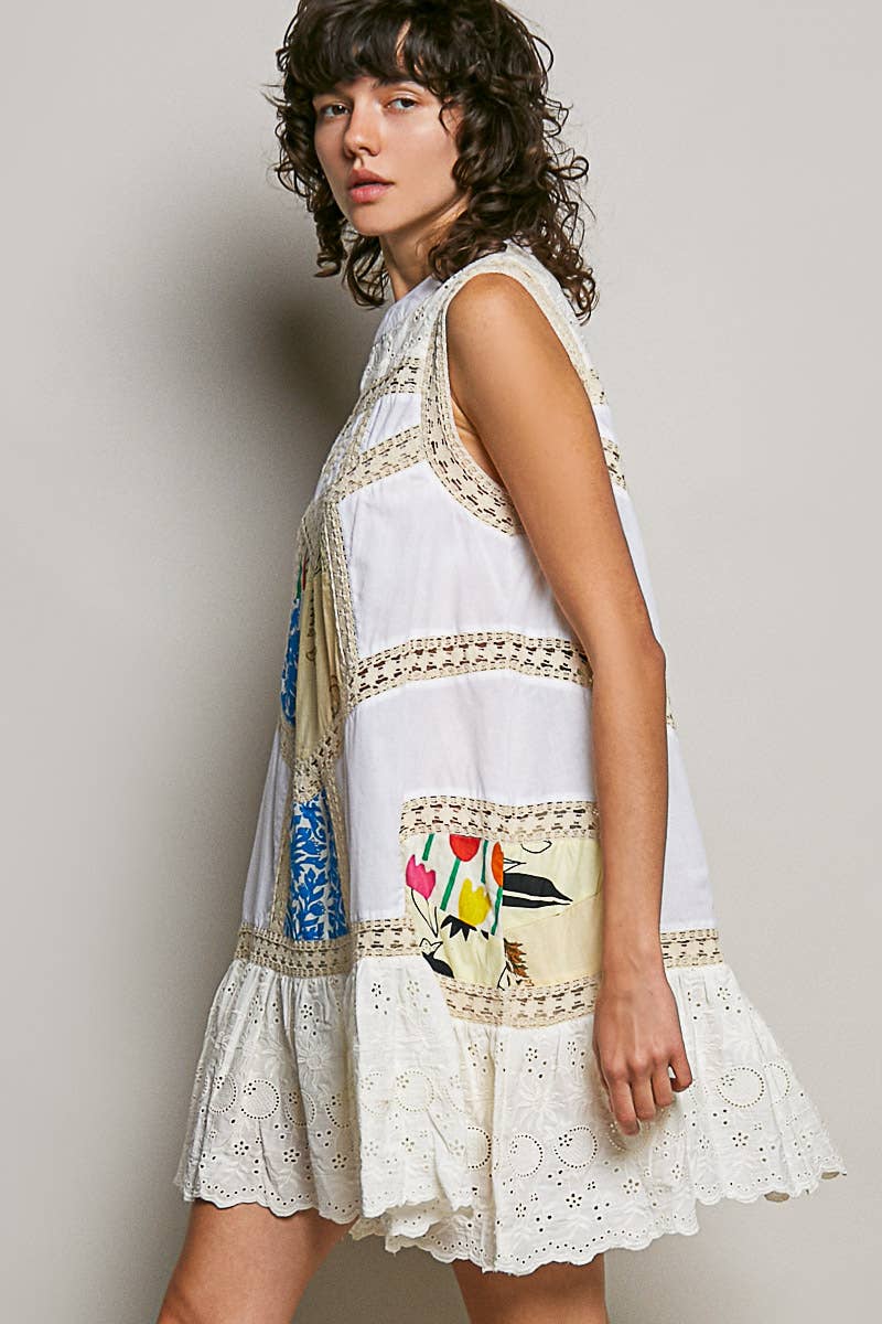 Boho Printed Scalloped Edge Eyelet Lace Mini Dress