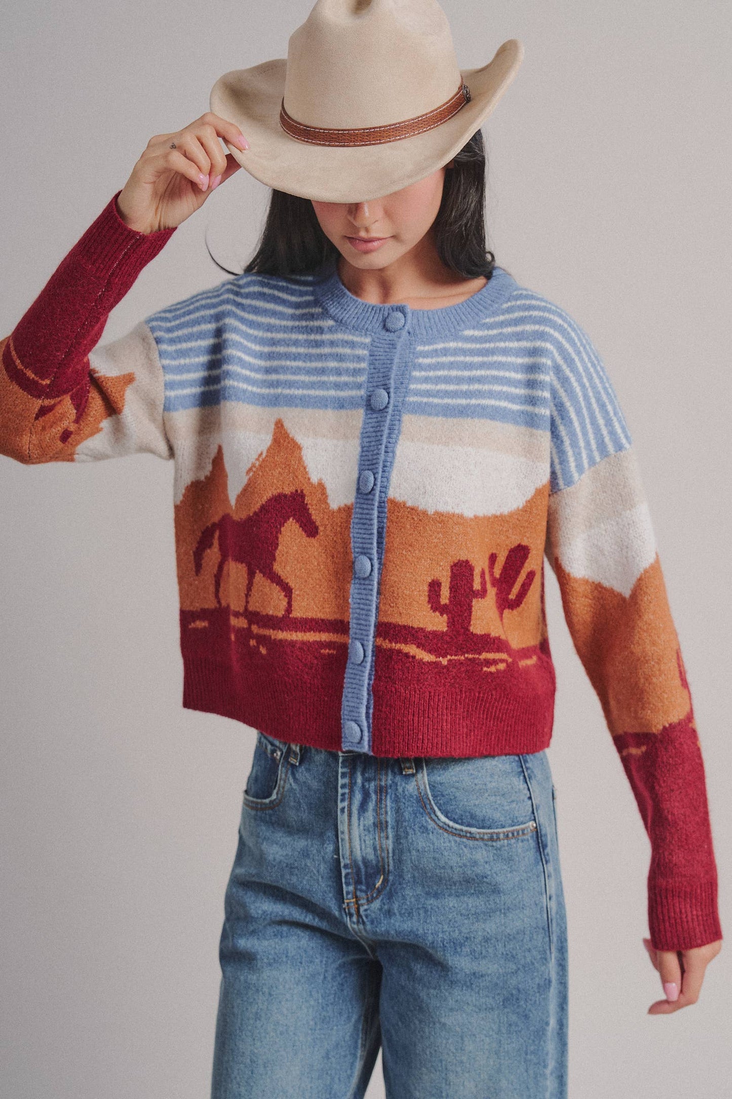 Western Desert Scene Cropped Button Cardigan