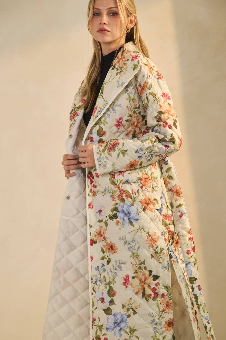 Quilted Floral Printed Belted Coat