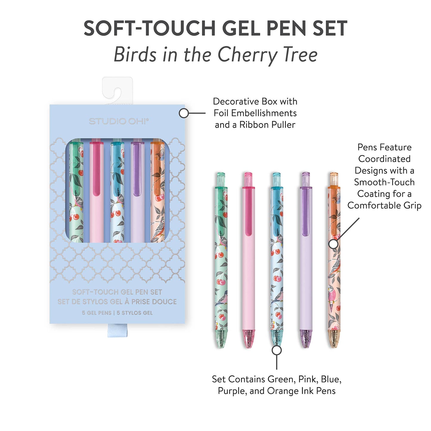 Birds in the Cherry Tree Soft-Touch Gel Pen Set