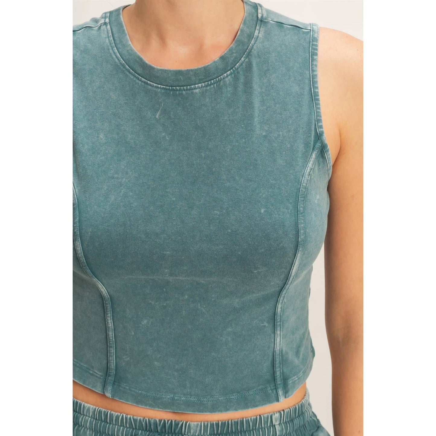 Mineral Washed Sleeveless Top & Wide Leg Pants Set: