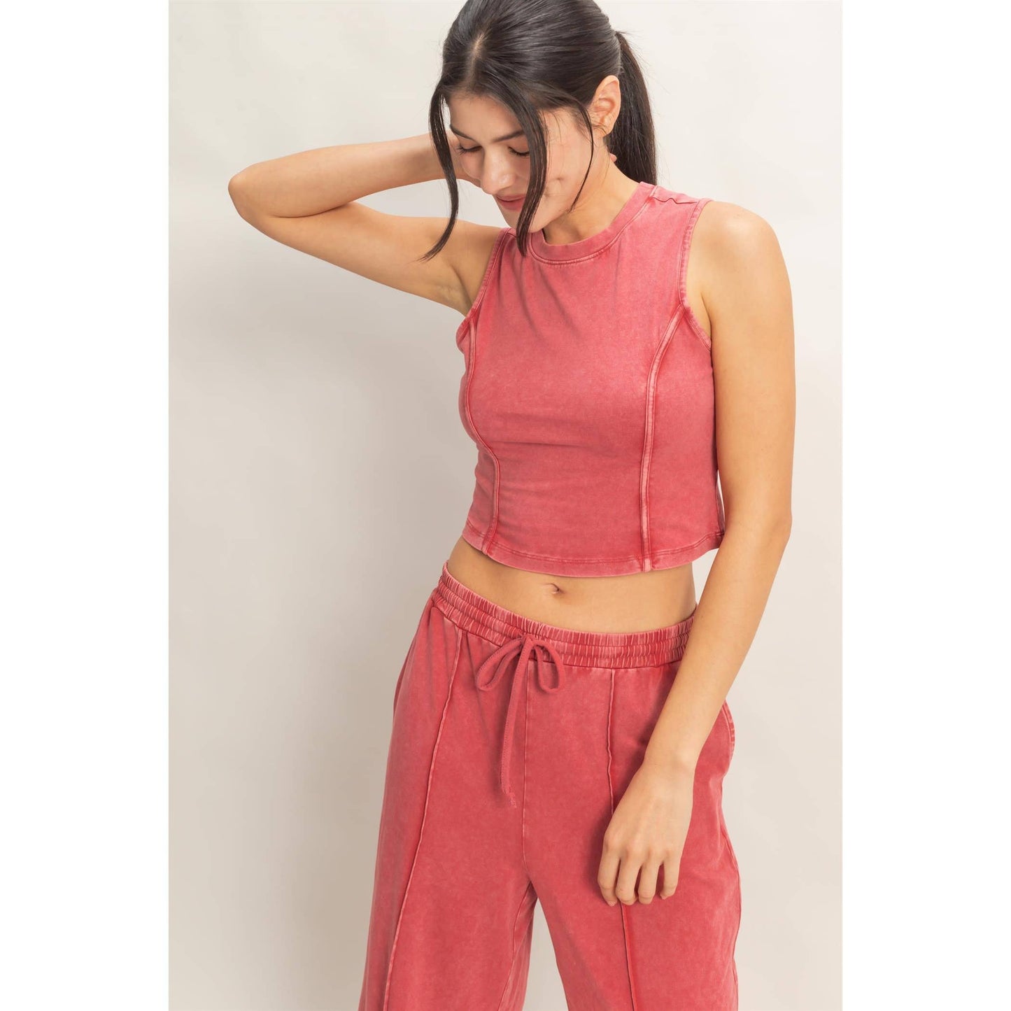 Mineral Washed Sleeveless Top & Wide Leg Pants Set: