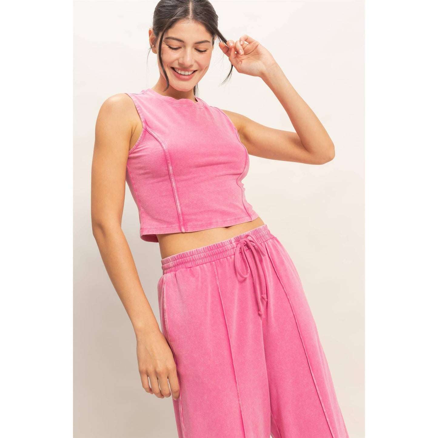 Mineral Washed Sleeveless Top & Wide Leg Pants Set: