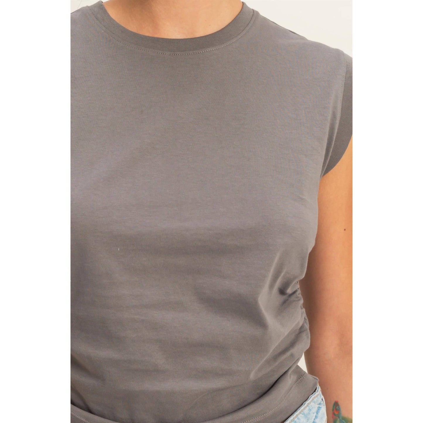 Ruched Waist Sleeveless Cotton Top
