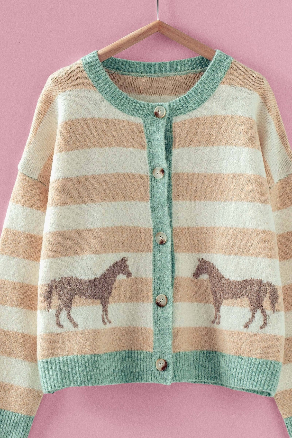 Horse Jacquard Striped Crew Neck Cardigan