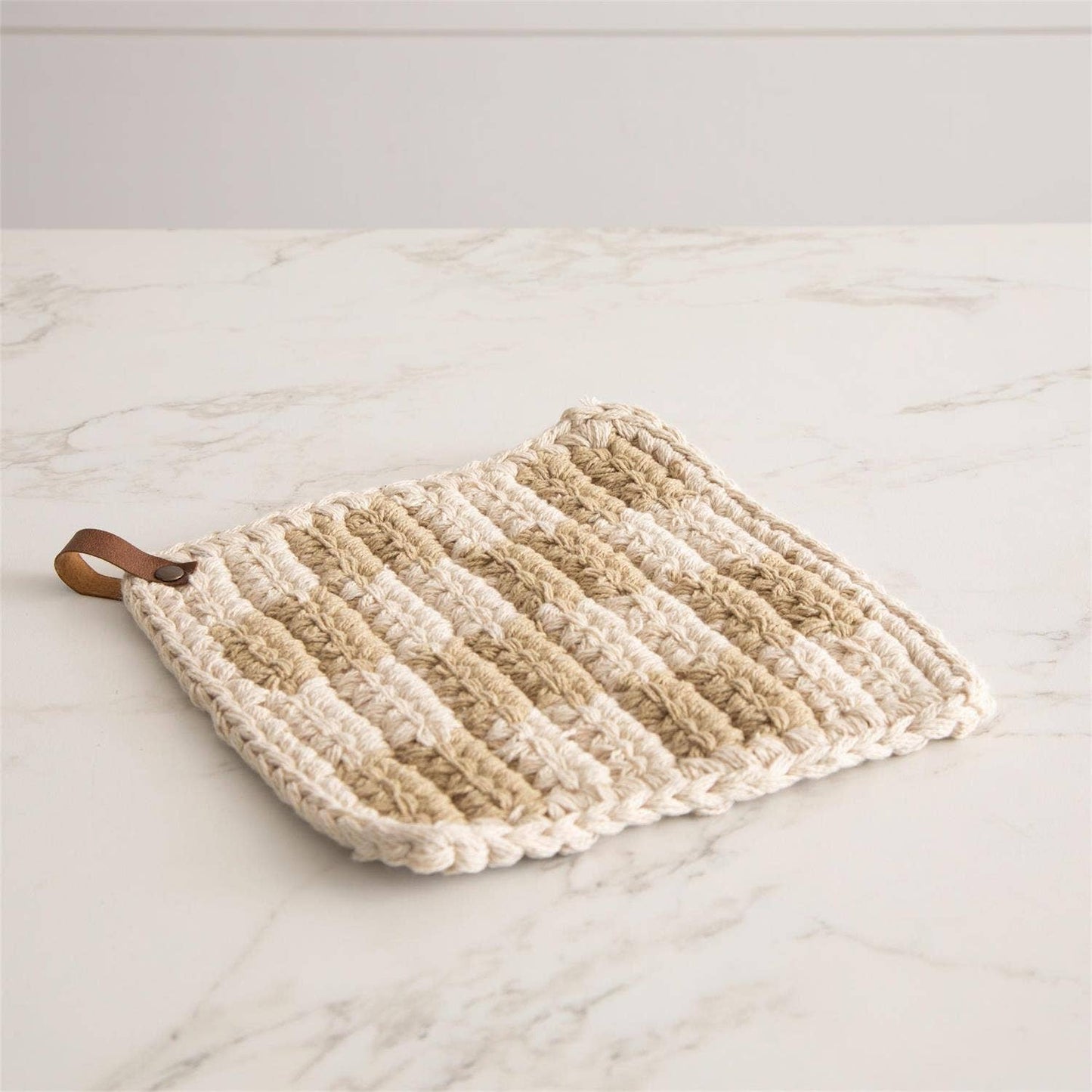 Knitted Pot Holder - Tan and Cream