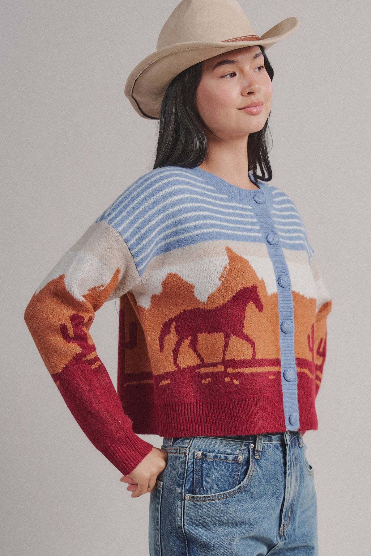 Western Desert Scene Cropped Button Cardigan