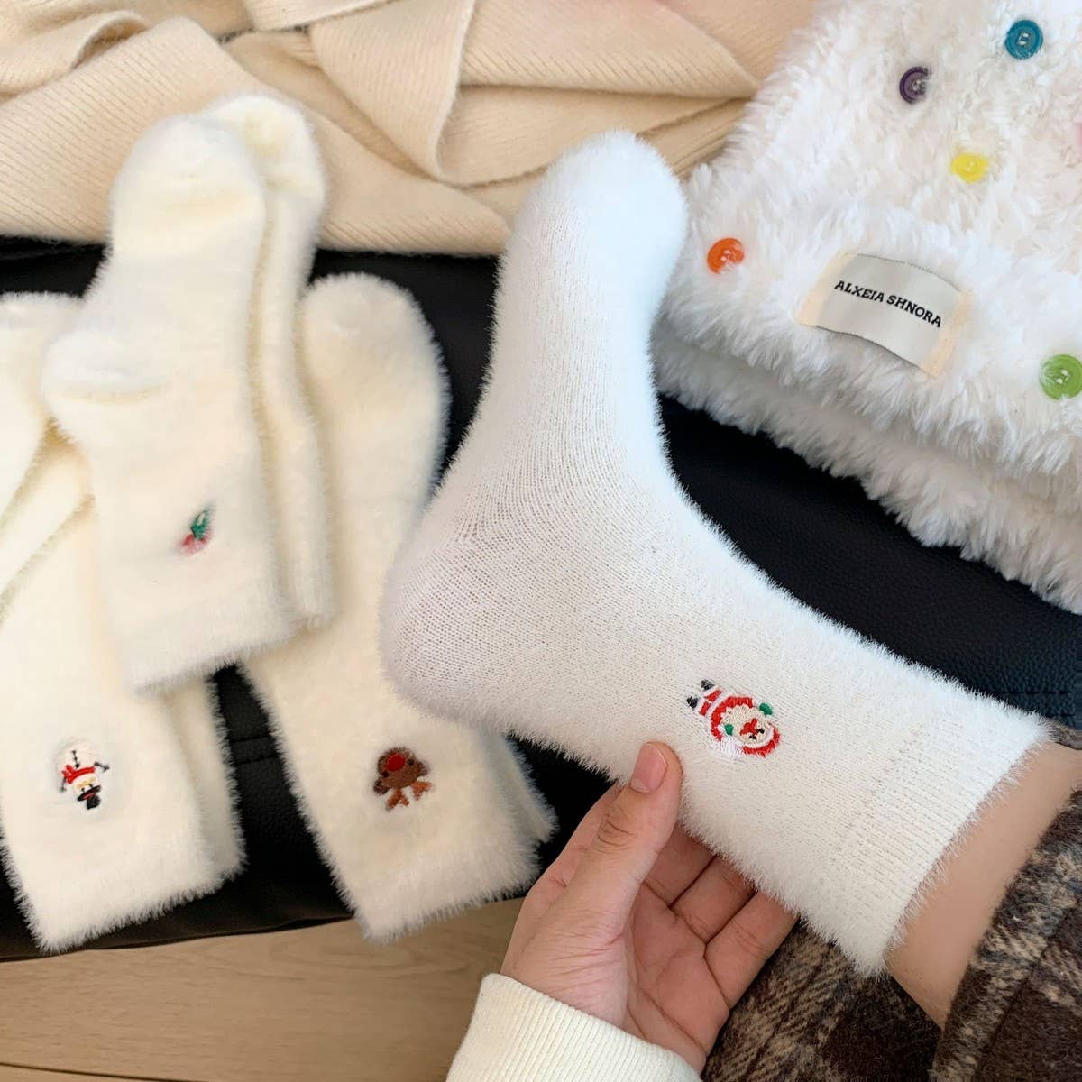White Christmas Socks Women Fleece Warm