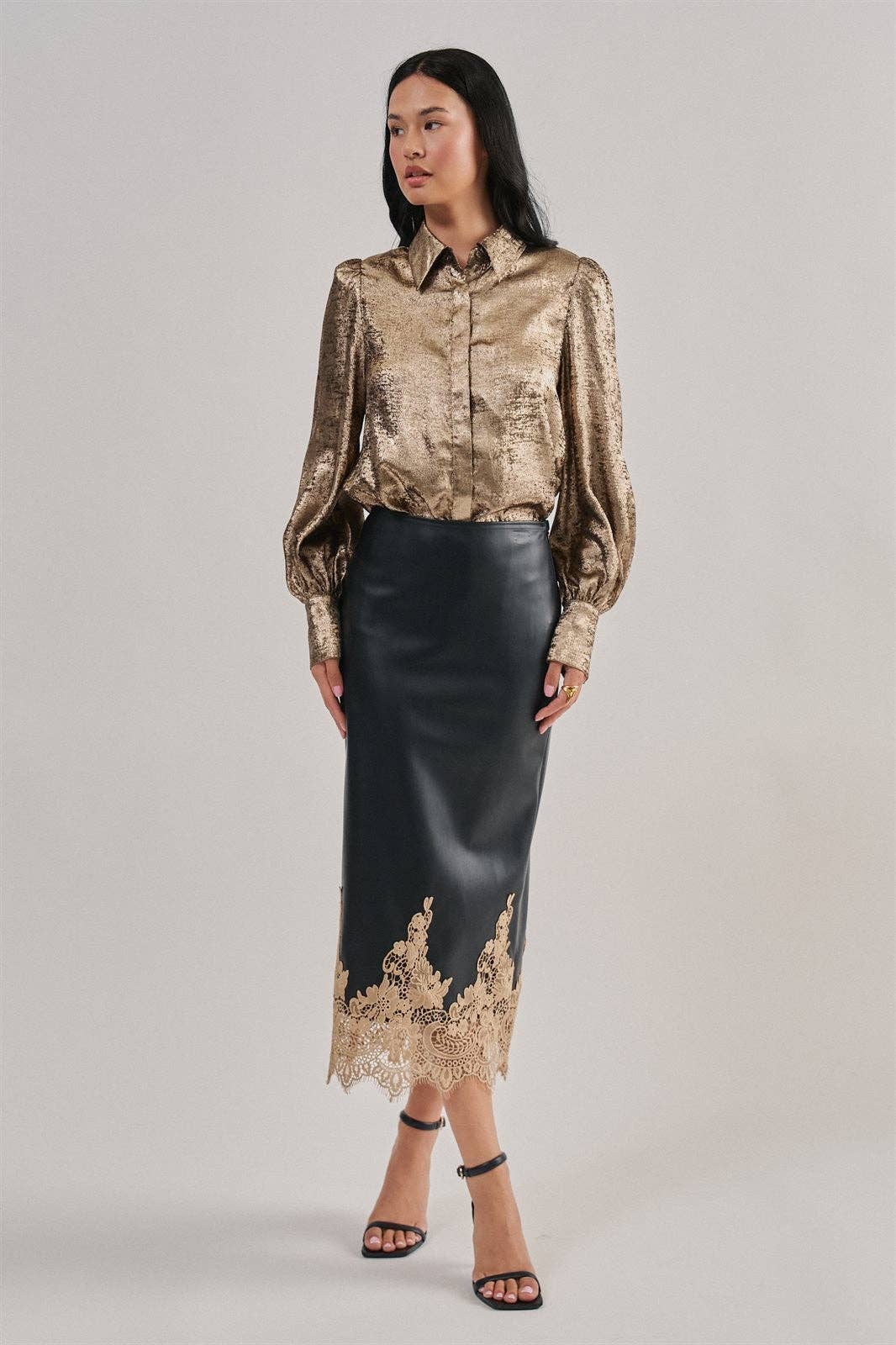 Faux Leather Midi Skirt with Lace Hem