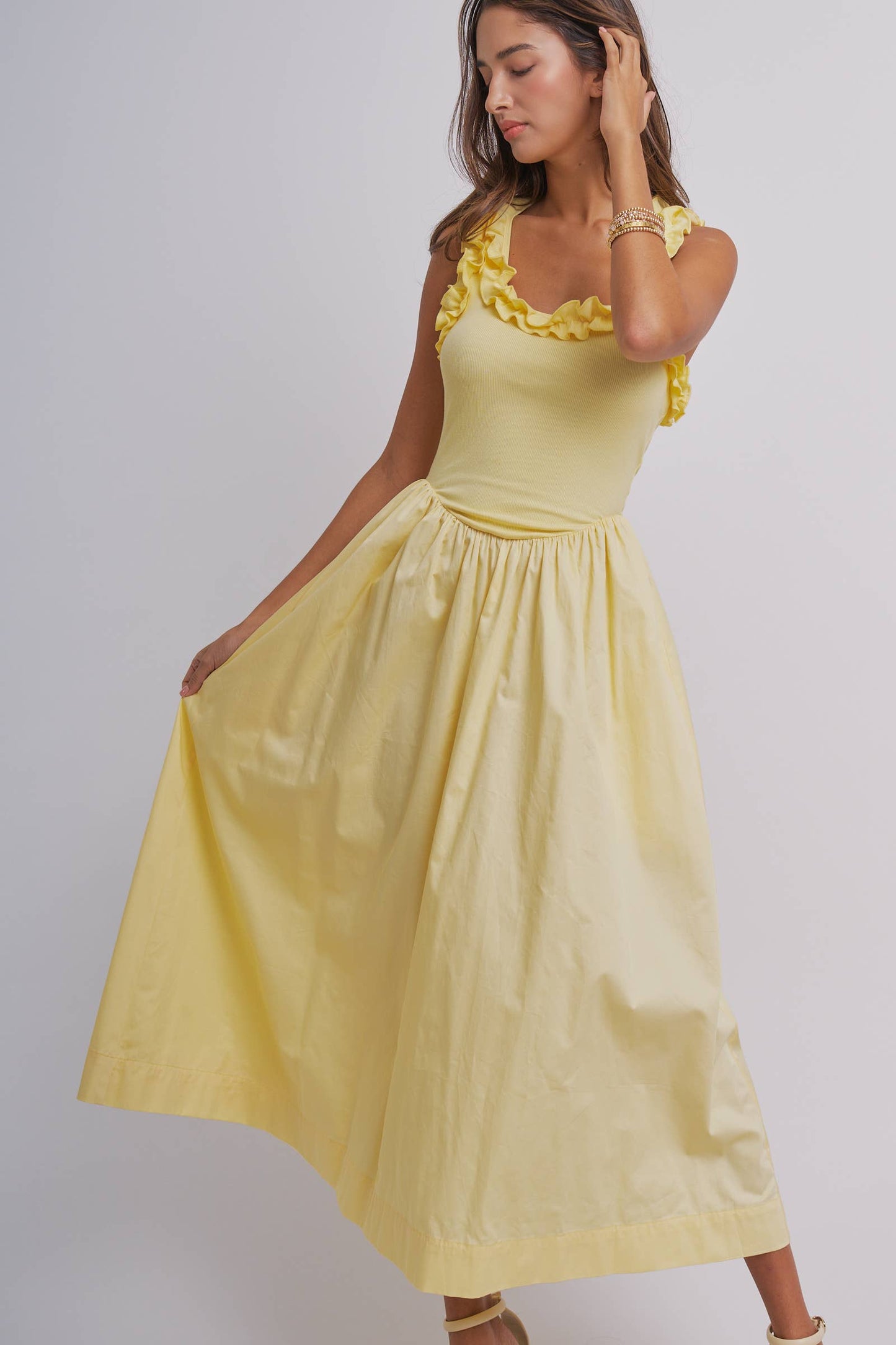 Ribbed Knit & Poplin Drop Waist Midi Dress